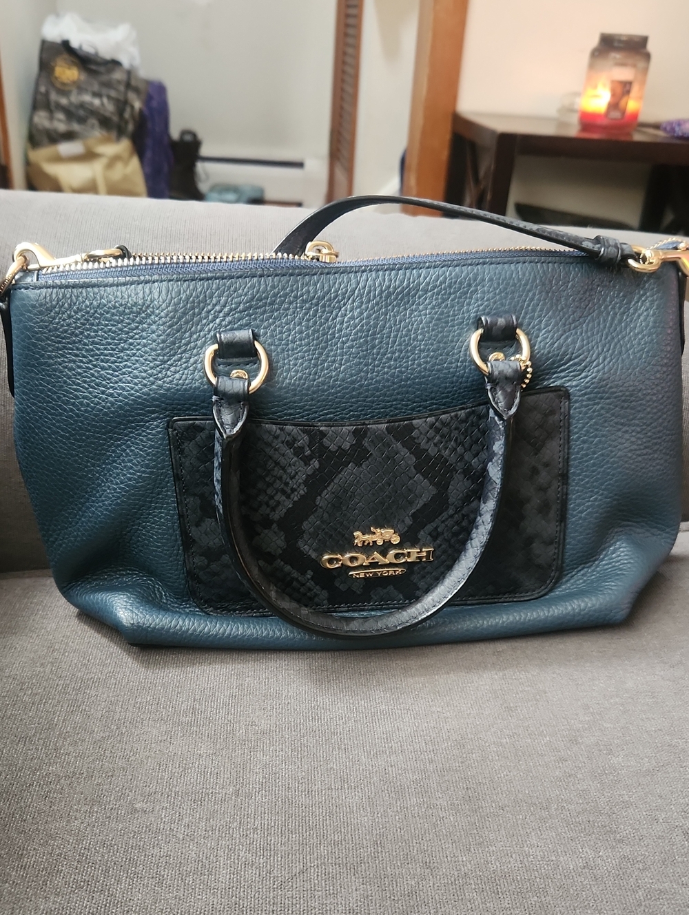Coach Teal and Black Pebbled Leather Satchel with Gold Hardware